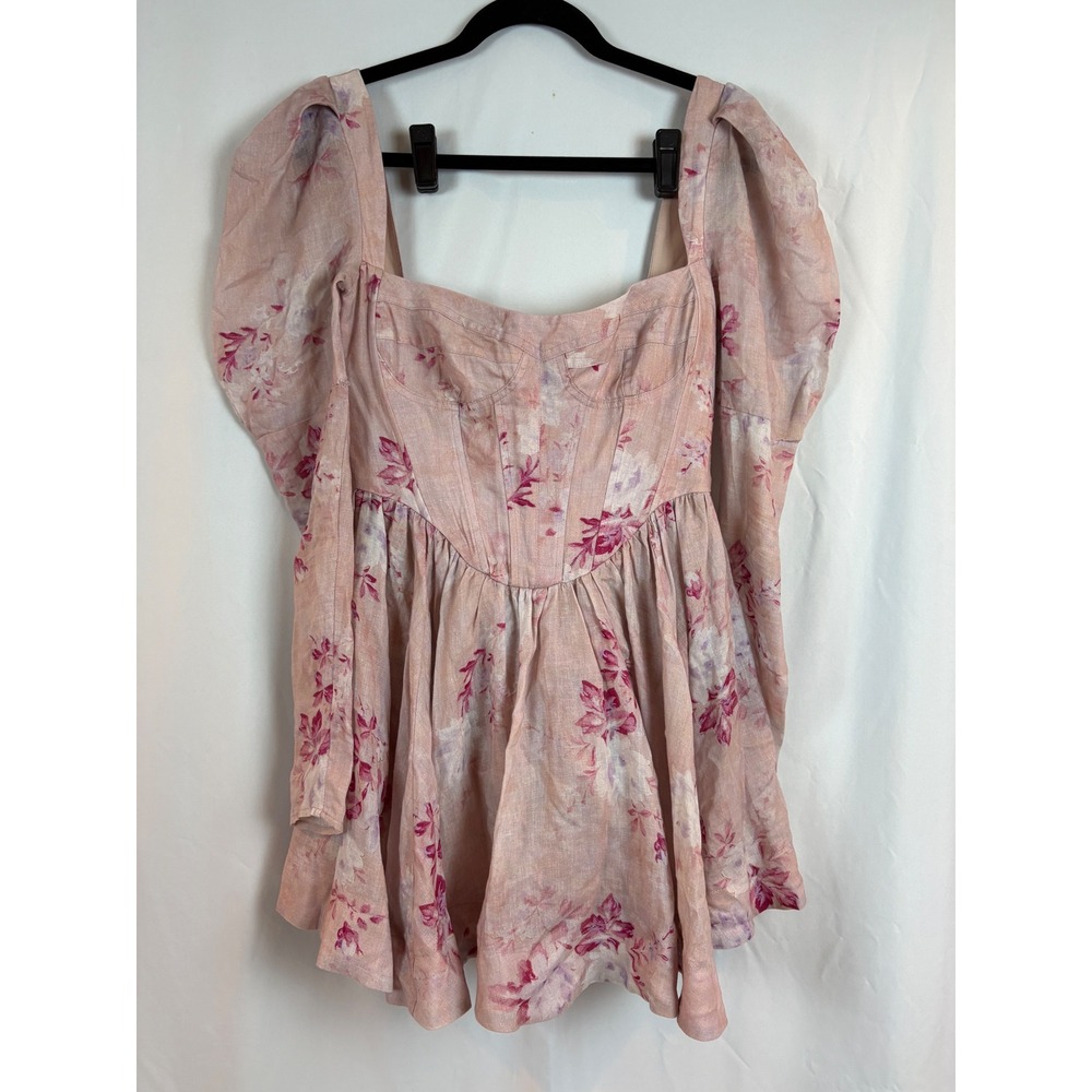 Bardot Pink Floral Ramie Corset Mini Dress Puff Sleeve Size US 4 S 58410DB